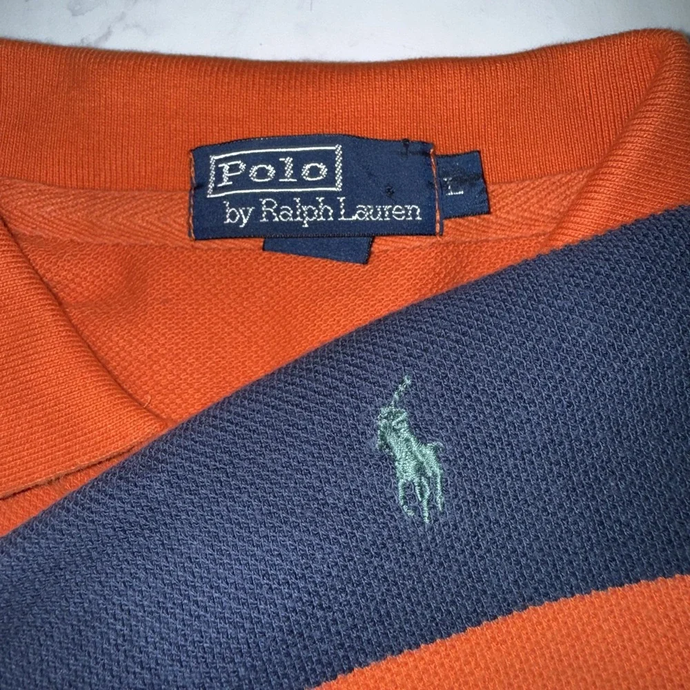 Polo Ralph Lauren Mens L Orange Navy Stripe Pima Mesh Big Pony Polo Shirt